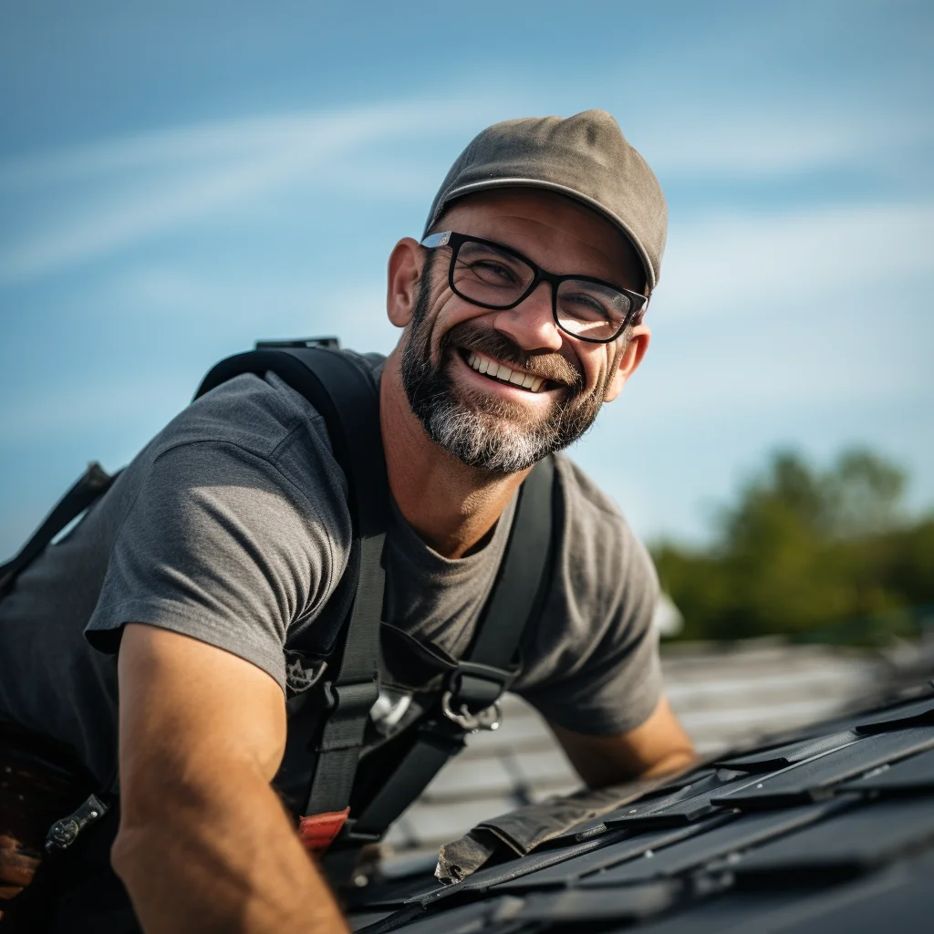 Un réparateur de toiture en tenue de travail rénovant l'étanchéité d'un toit terrasse